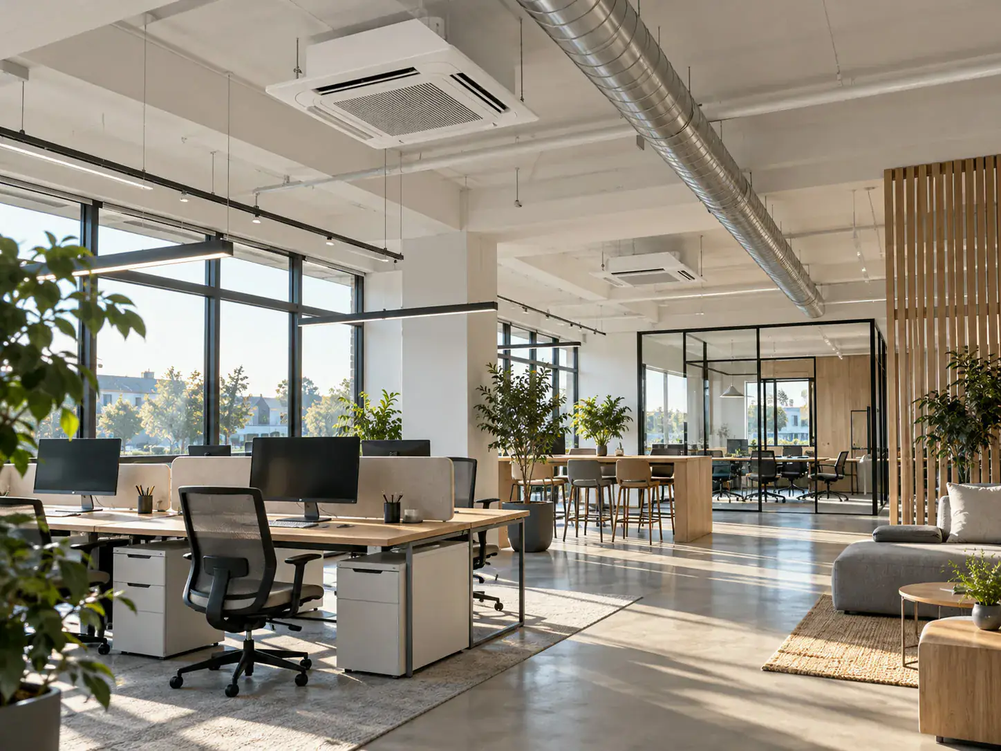 Cassettes de climatisation et gaines de ventilation dans des bureaux