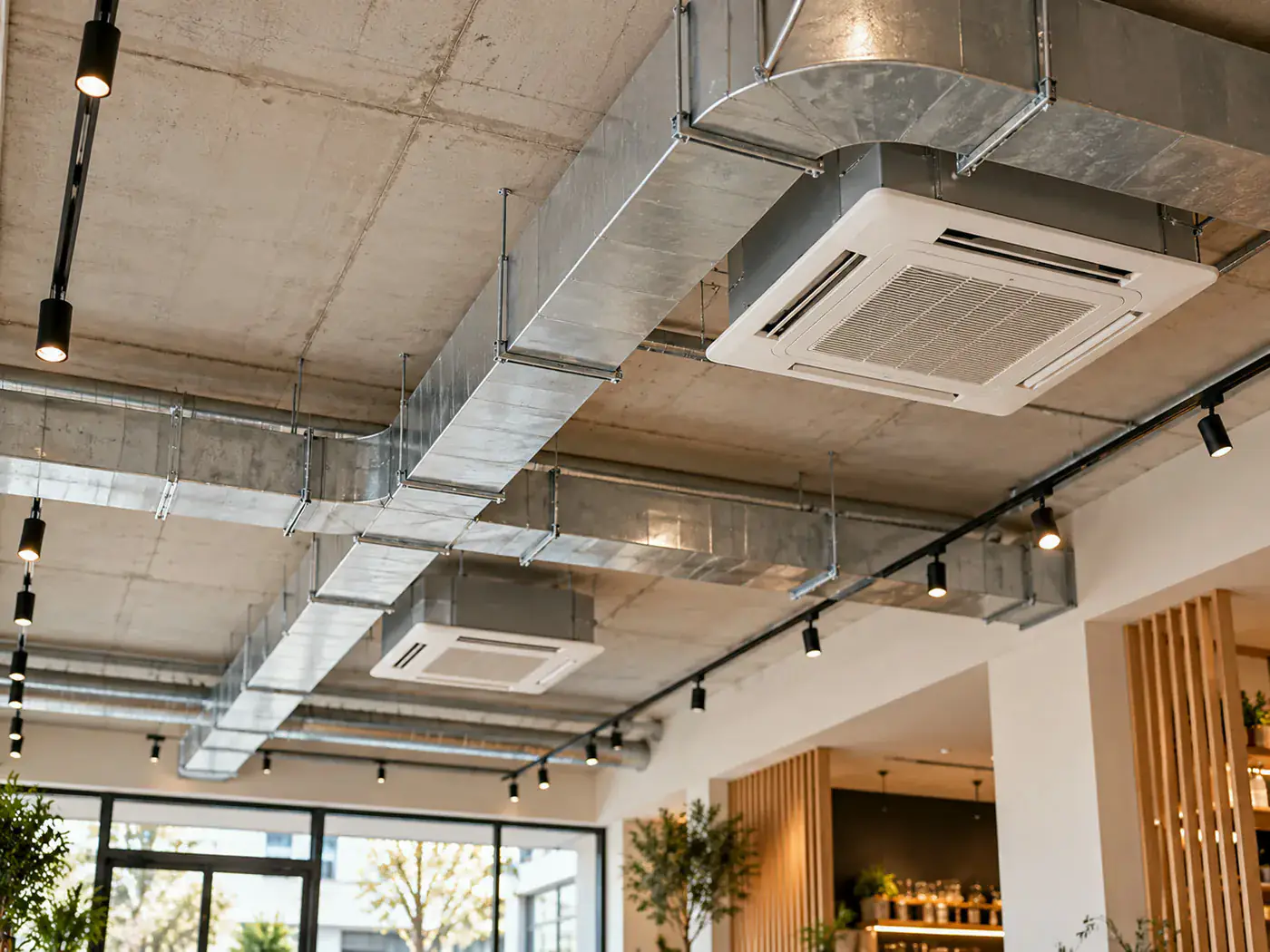 Cassettes de climatisation et gaines entretenues par AERIS ENERGIE dans un local commercial