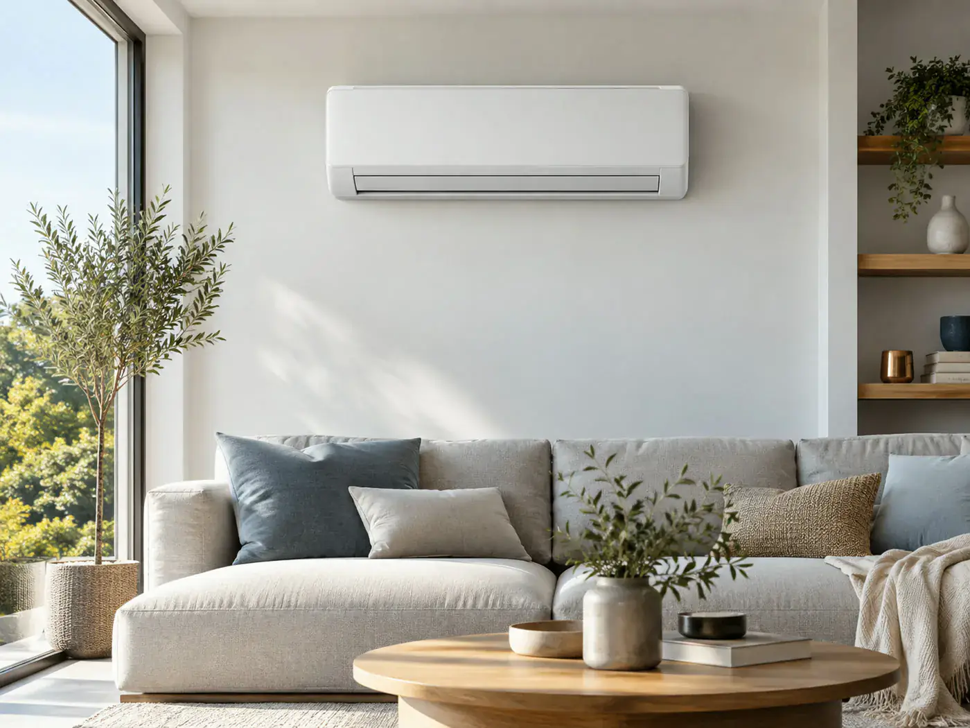 Climatisation murale installée dans un séjour clair