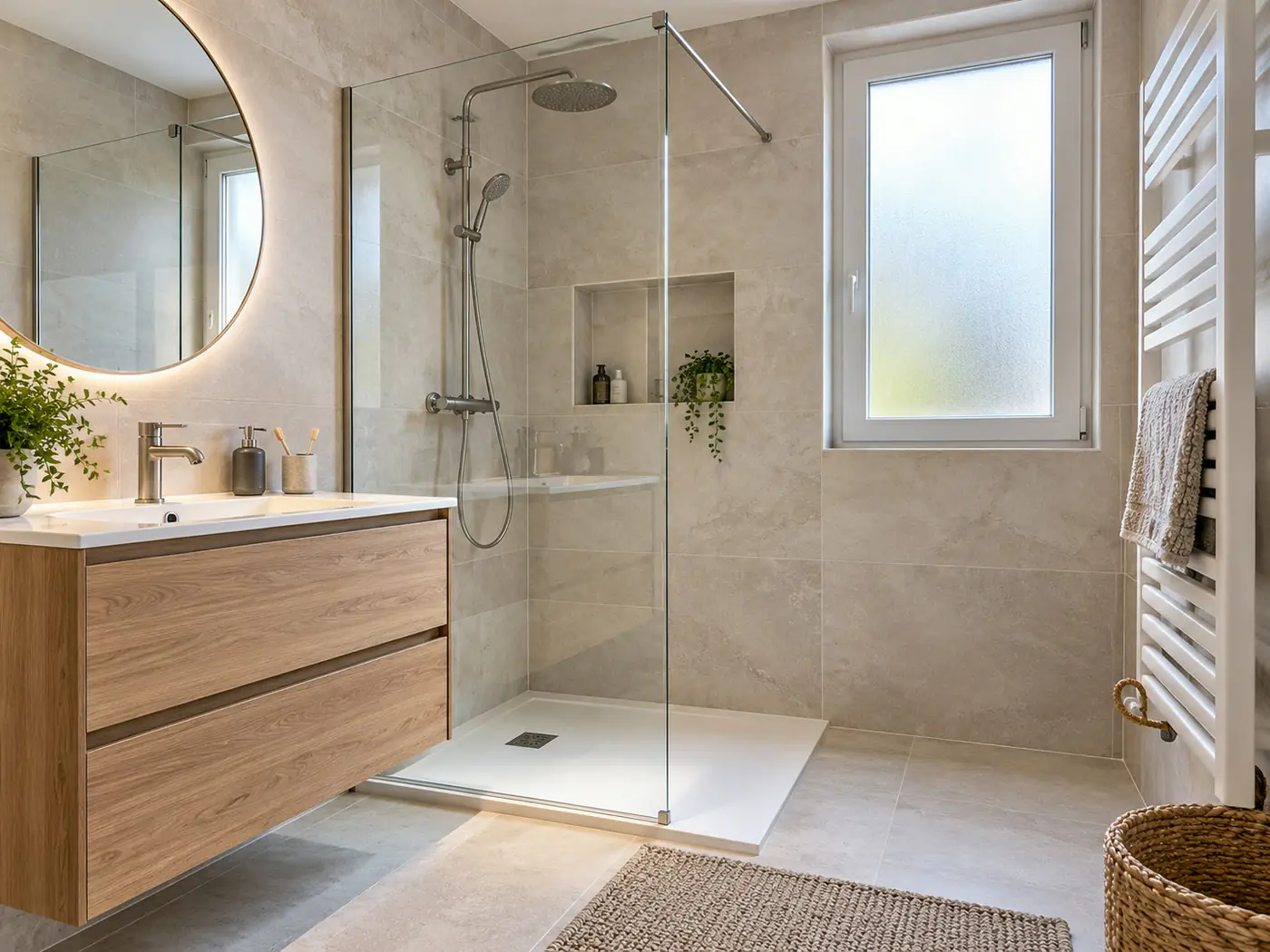 Salle de bains rénovée par AERIS ENERGIE, douche à l'italienne et meuble suspendu